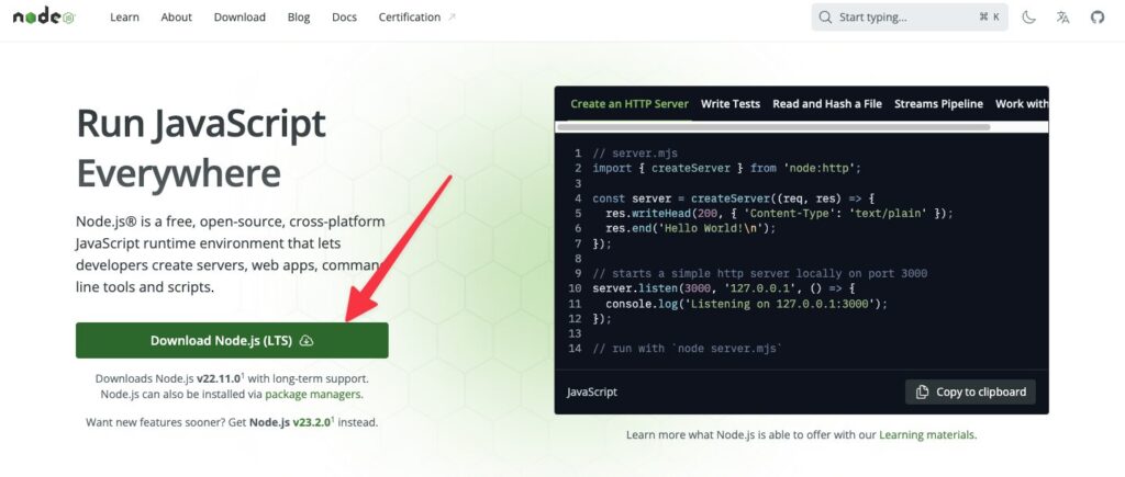 Node.jsをダウンロードする参考画像