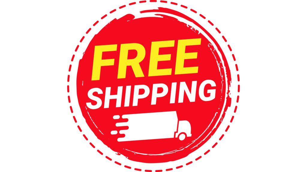 赤い円形バッジに黄色の「FREE SHIPPING」の文字と白いトラックアイコン