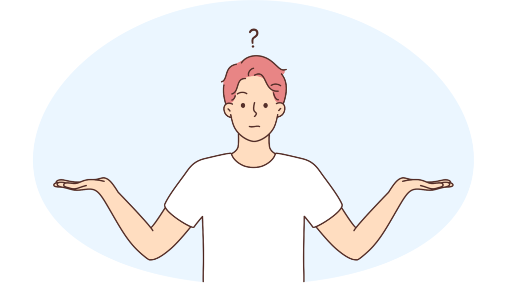 困惑した表情で両手を広げる人物のイラスト。ピンク色の髪の若い男性が白いTシャツを着て、頭上に疑問符が浮かんでいる