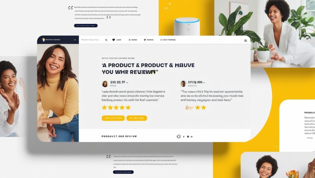 Eコマースサイトのレビューページのデザイン。黄色のアクセントカラーを使用し、商品レビューカードには5つ星評価とユーザーコメントが表示され、周囲にはユーザーの笑顔の写真が配置されている